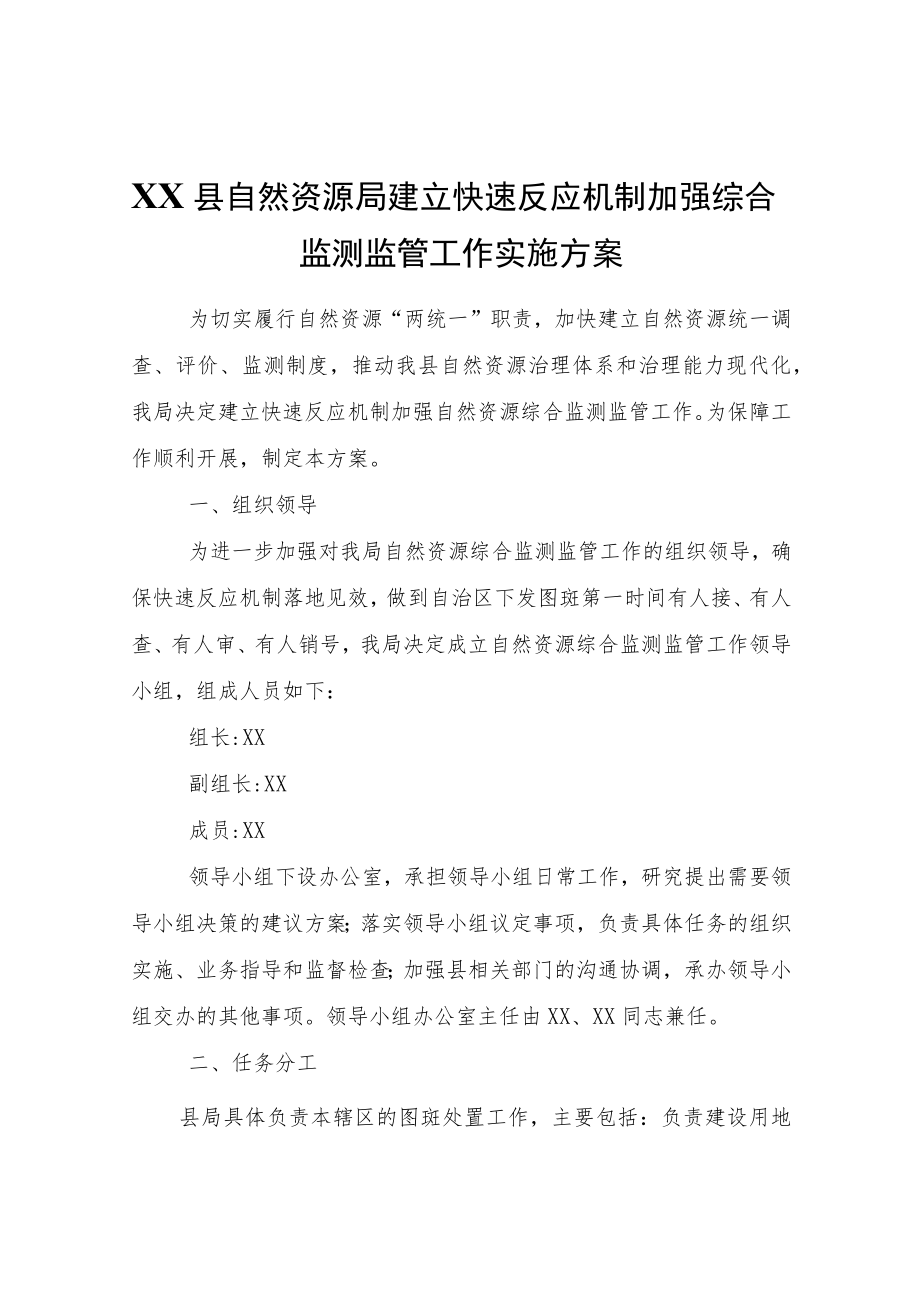 XX县自然资源局建立快速反应机制加强综合监测监管工作实施方案.docx_第1页