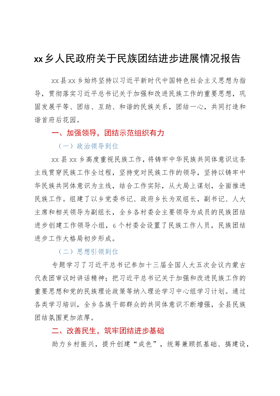 xxx乡人民政府关于民族团结进步进展情况报告.docx_第1页