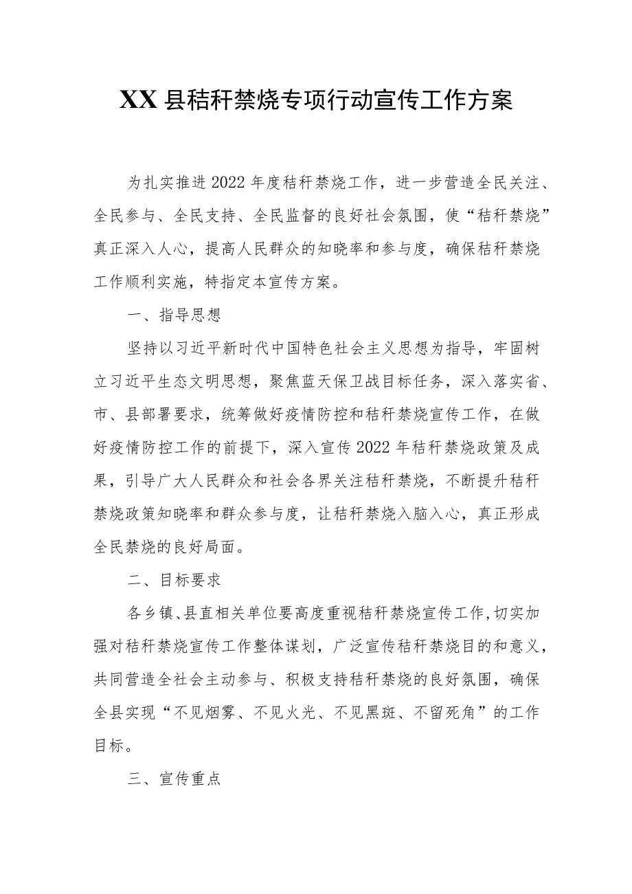 XX县秸秆禁烧专项行动宣传工作方案.docx_第1页