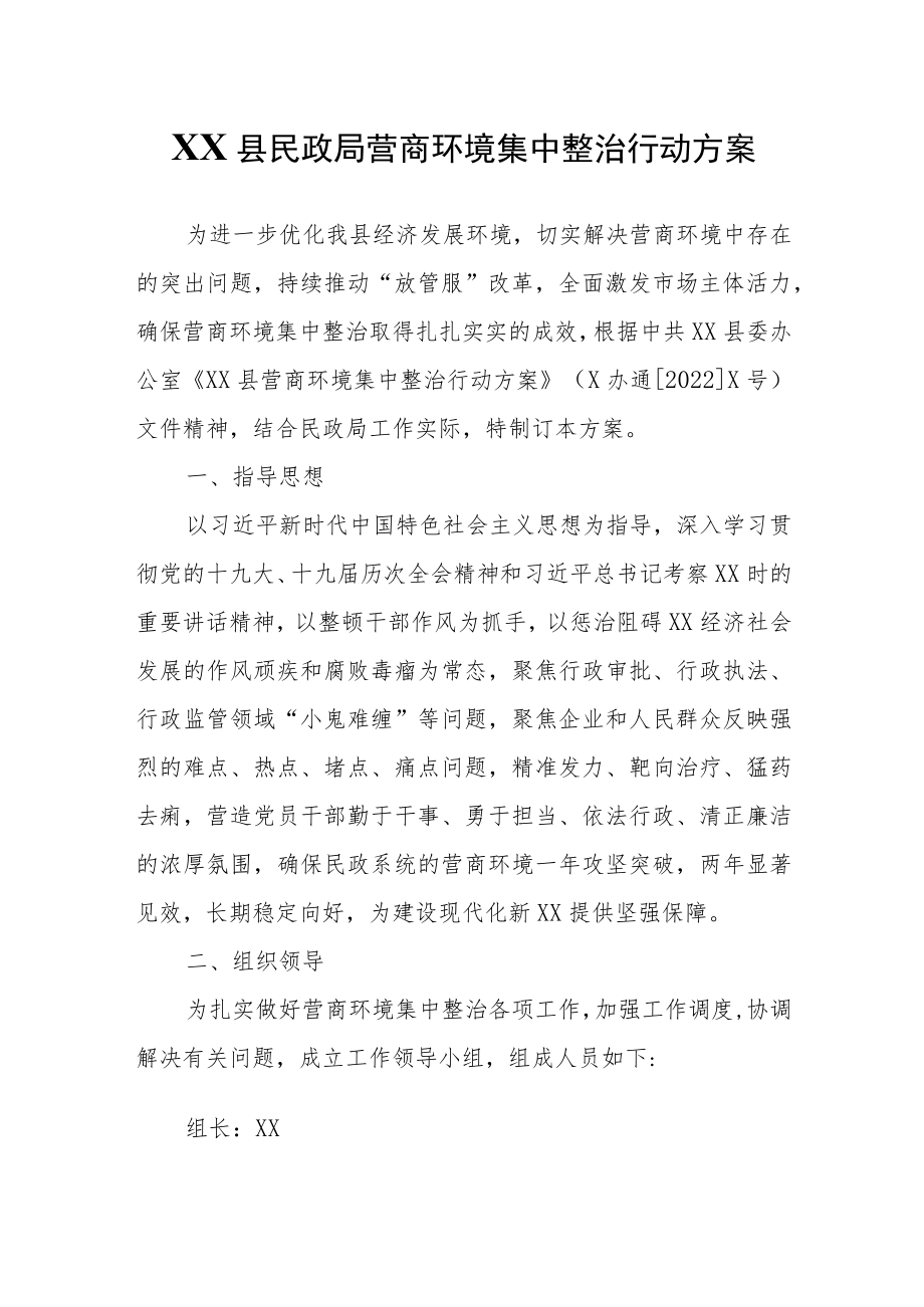 XX县民政局营商环境集中整治行动方案.docx_第1页