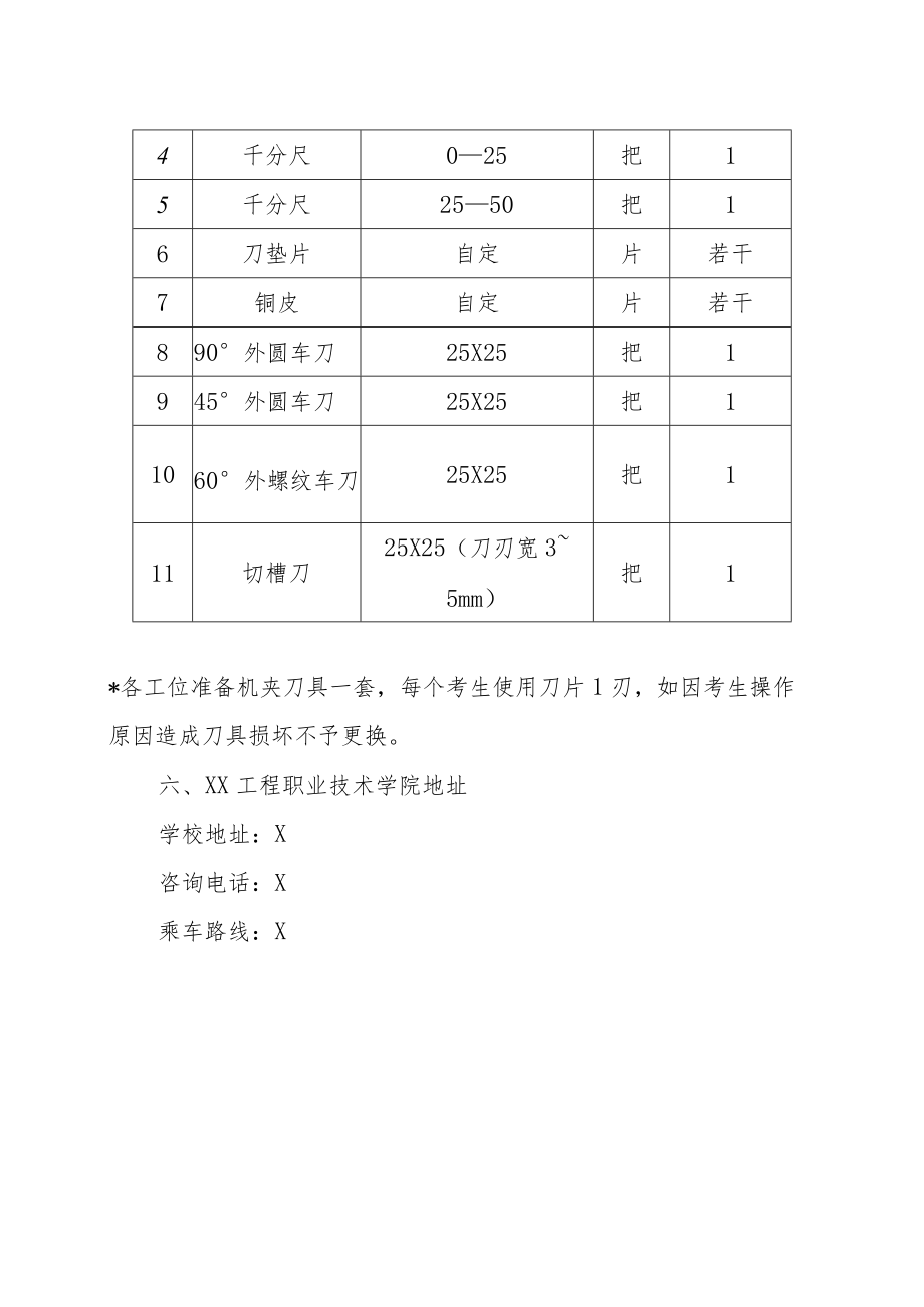 XX工程职业技术学院202X对口升学技能考试普车考场准备单.docx_第3页