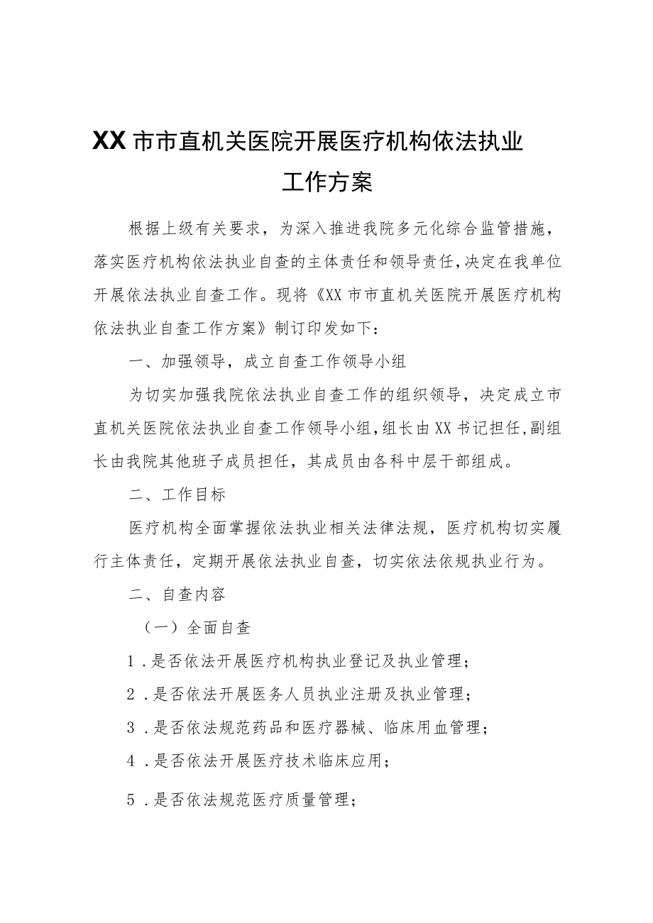 XX市市直机关医院开展医疗机构依法执业自查工作方案.docx_第1页