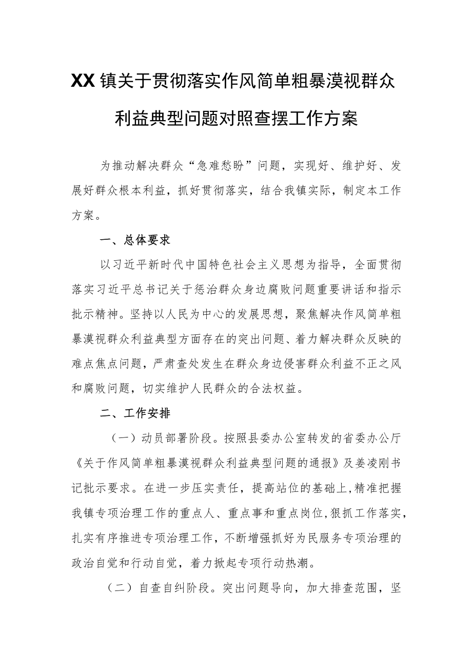 XX镇关于贯彻落实作风简单粗暴漠视群众利益典型问题对照查摆工作方案.docx_第1页