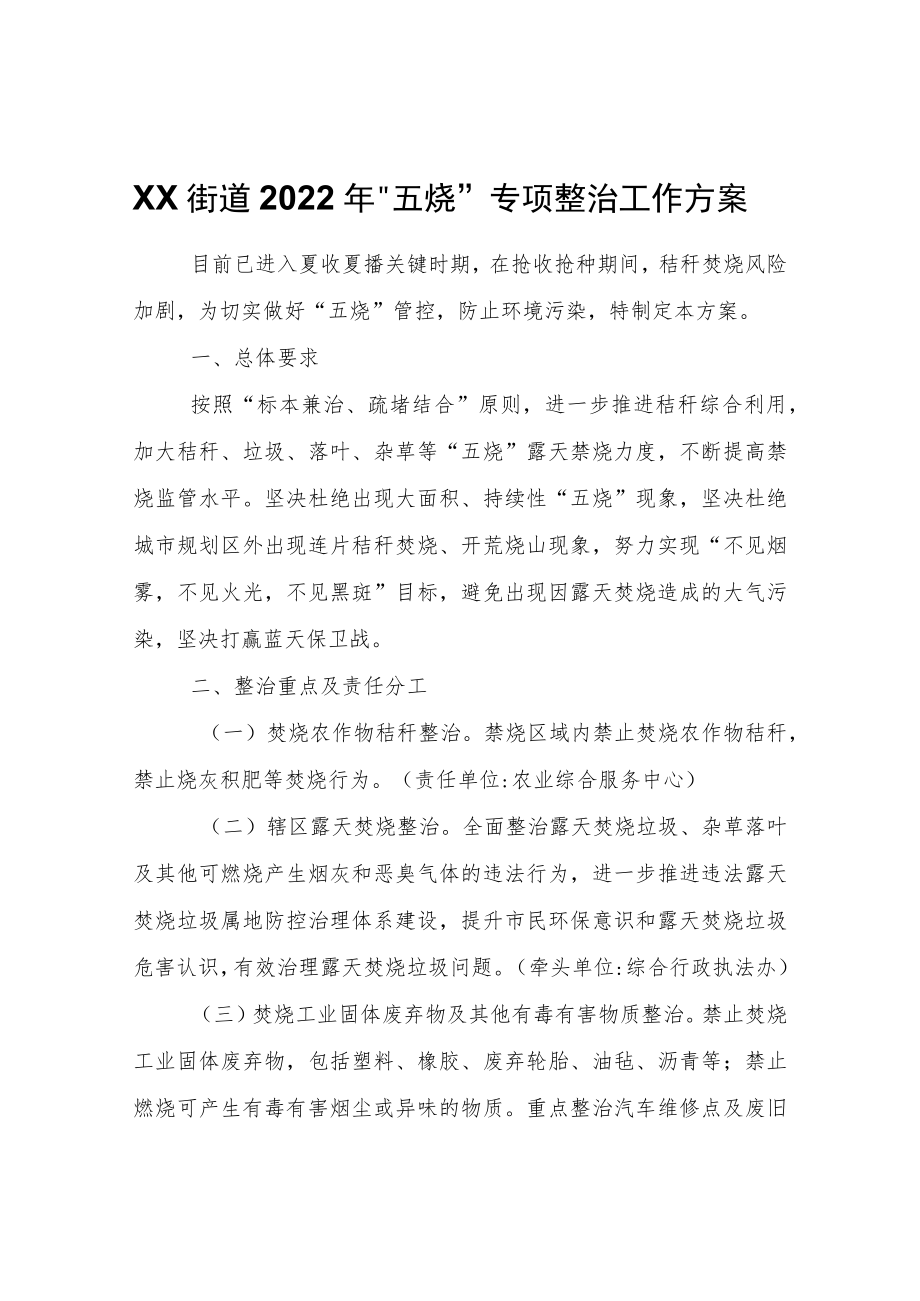 XX街道2022“五烧”专项整治工作方案.docx_第1页