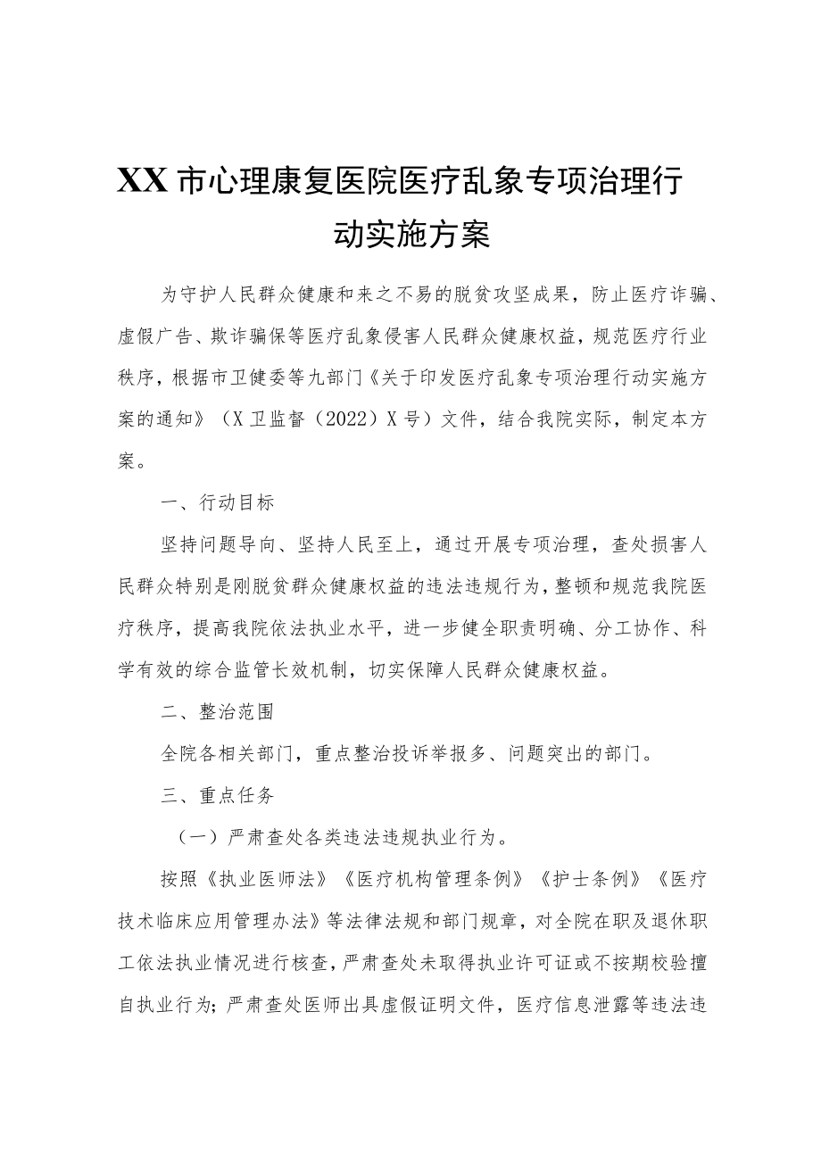 XX市心理康复医院医疗乱象专项治理行动实施方案.docx_第1页