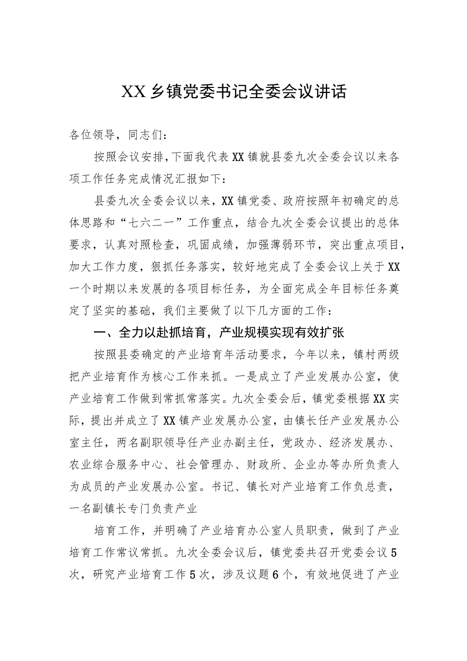 XX乡镇党委书记全委会议讲话.docx_第1页