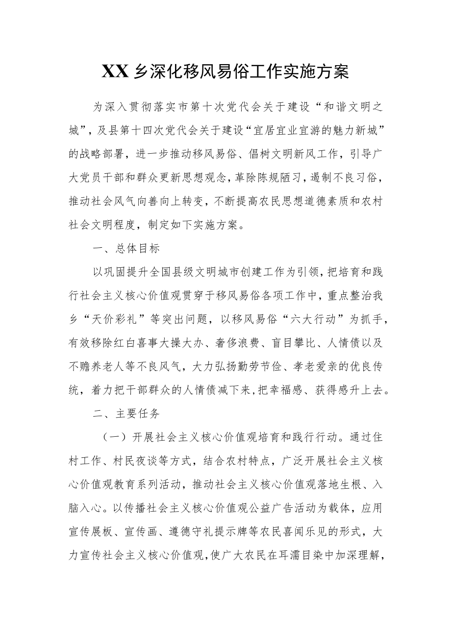 XX乡深化移风易俗工作实施方案.docx_第1页