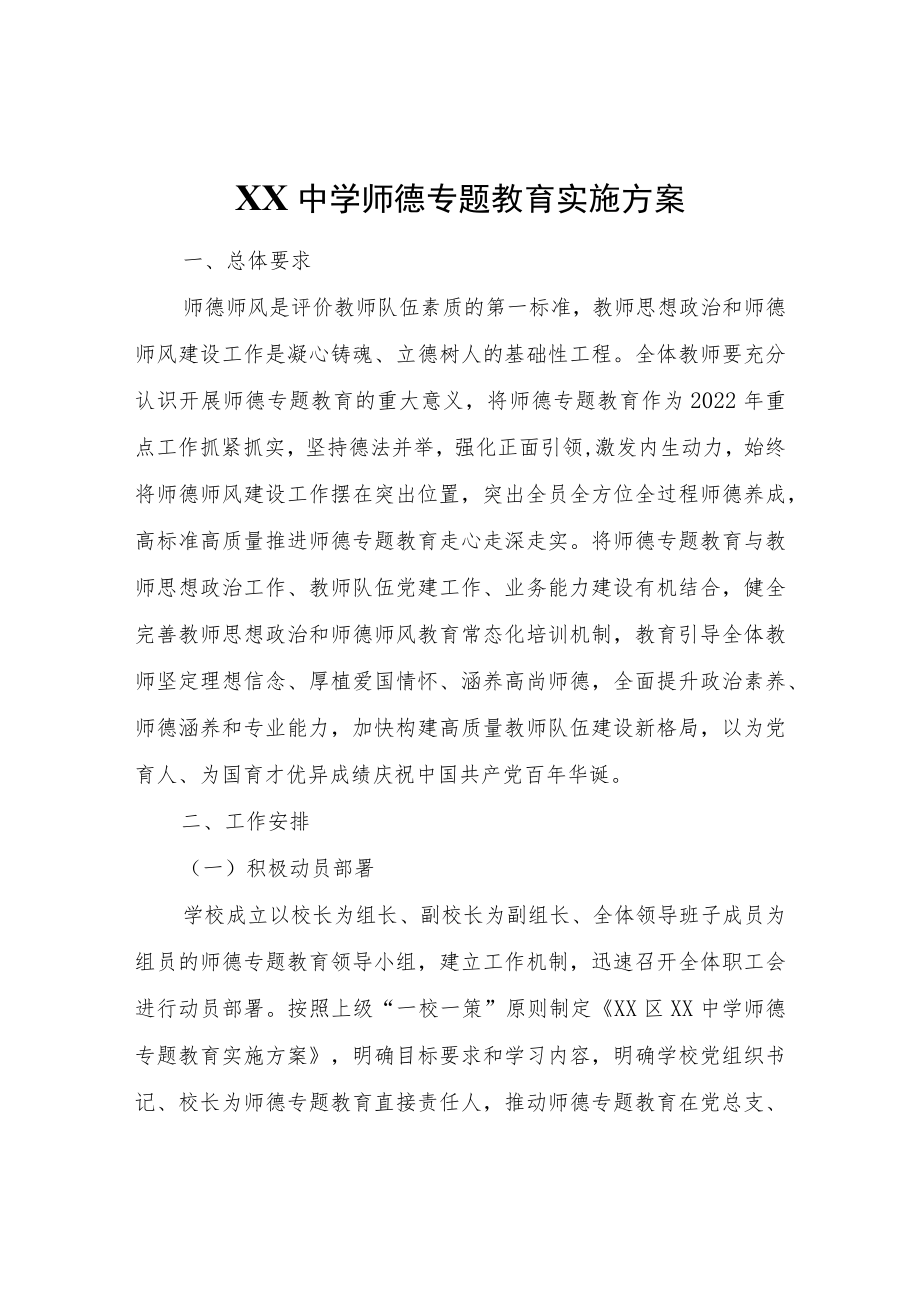 XX中学师德专题教育实施方案.docx_第1页