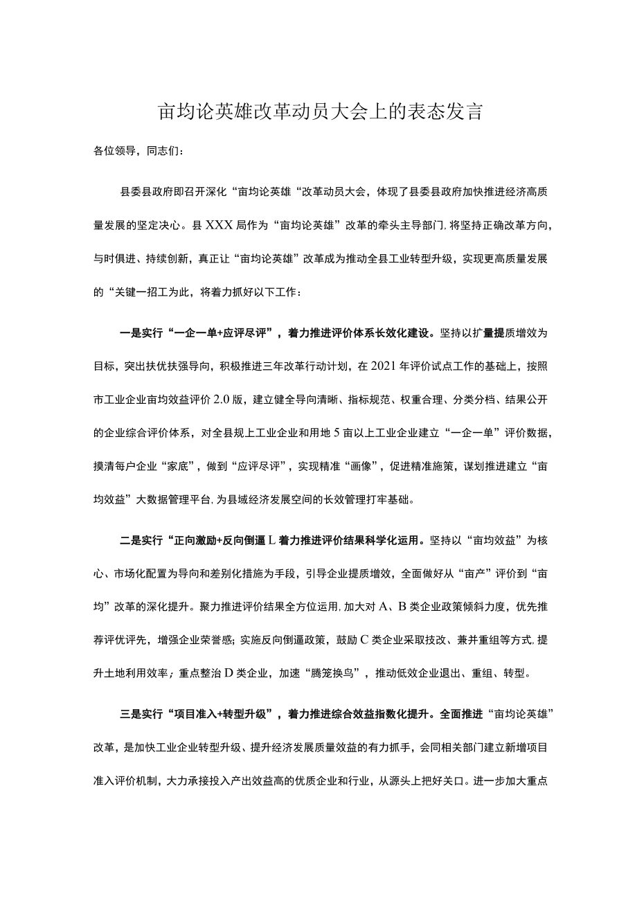 亩均论英雄改革动员大会上的表态发言.docx_第1页