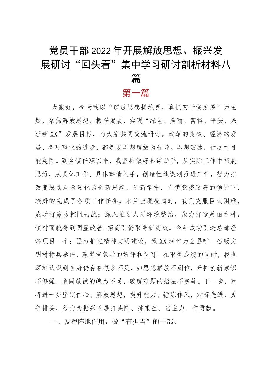 党员干部2022开展解放思想、振兴发展研讨“回头看”集中学习研讨剖析材料八篇.docx_第1页