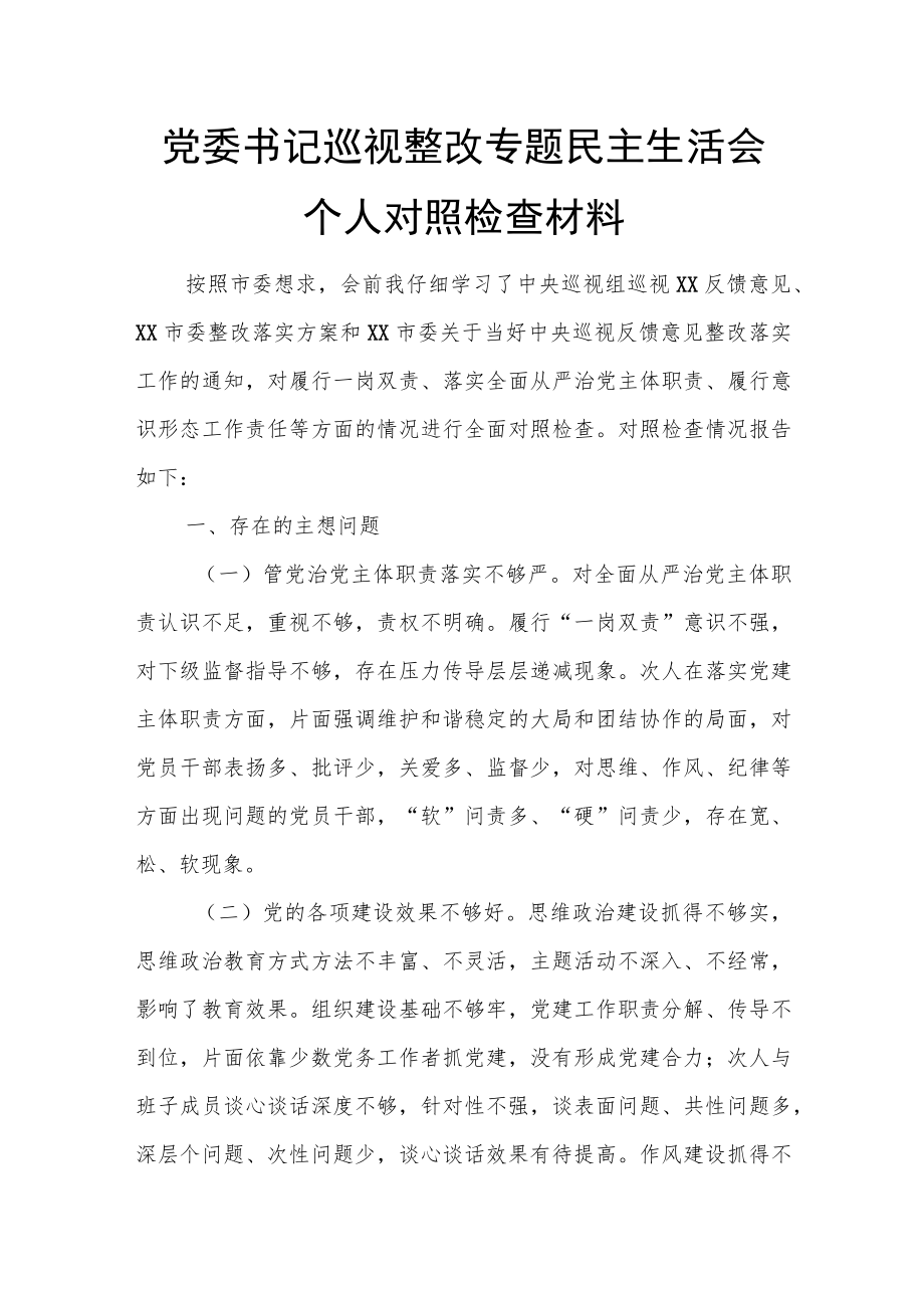 党委书记巡视整改专题民主生活会个人对照检查材料.docx_第1页