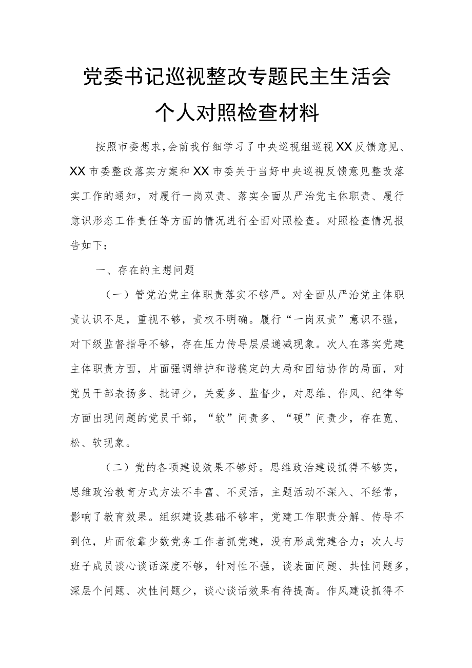 党委书记巡视整改专题民主生活会个人对照检查材料7.docx_第1页