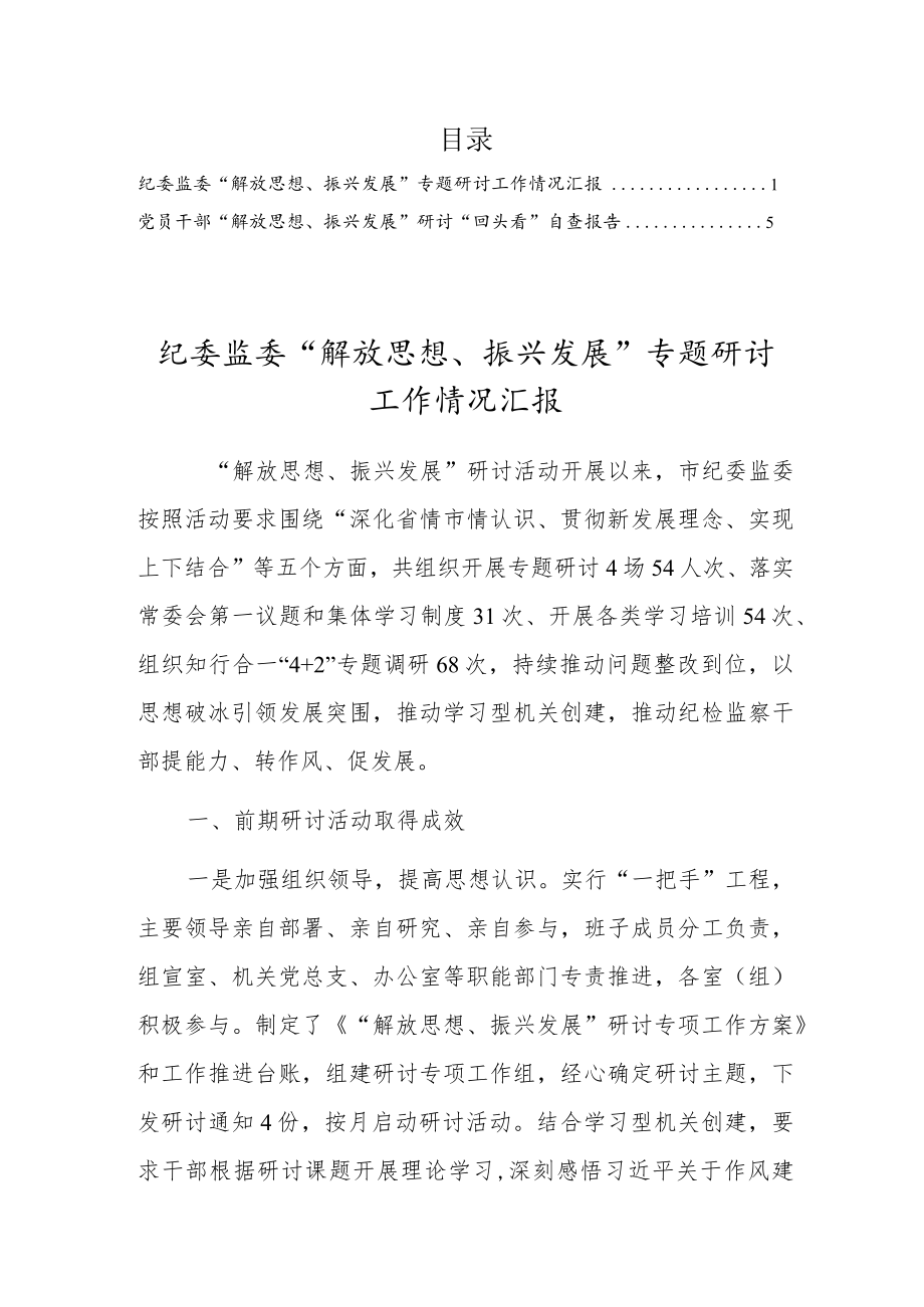 党员干部“解放思想、振兴发展”研讨“回头看”自查报告及汇报材料2篇.docx_第1页