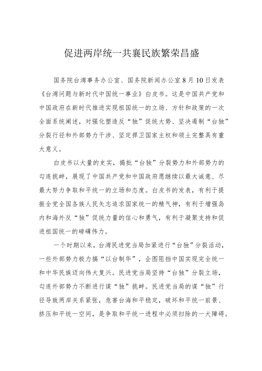 促进两岸统一 共襄民族繁荣昌盛.docx_第1页