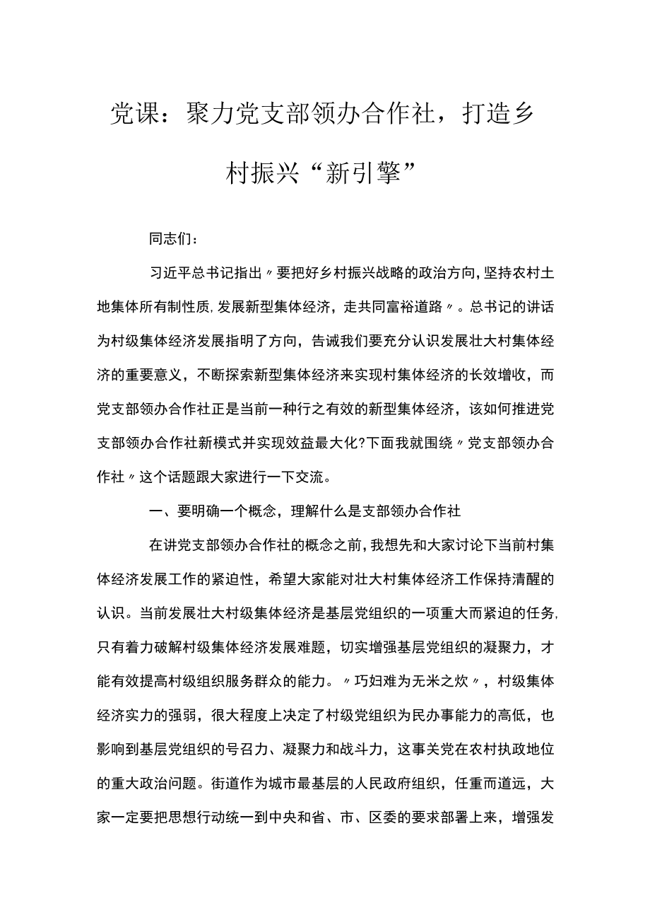 党课：聚力党支部领办合作社打造乡村振兴“新引擎”.docx_第1页