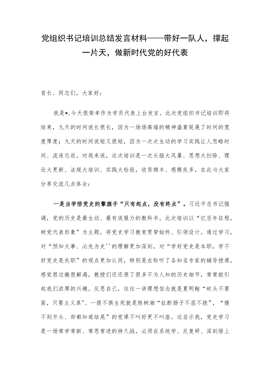 党组织书记培训总结发言材料——带好一队人撑起一片天做新时代党的好代表.docx_第1页