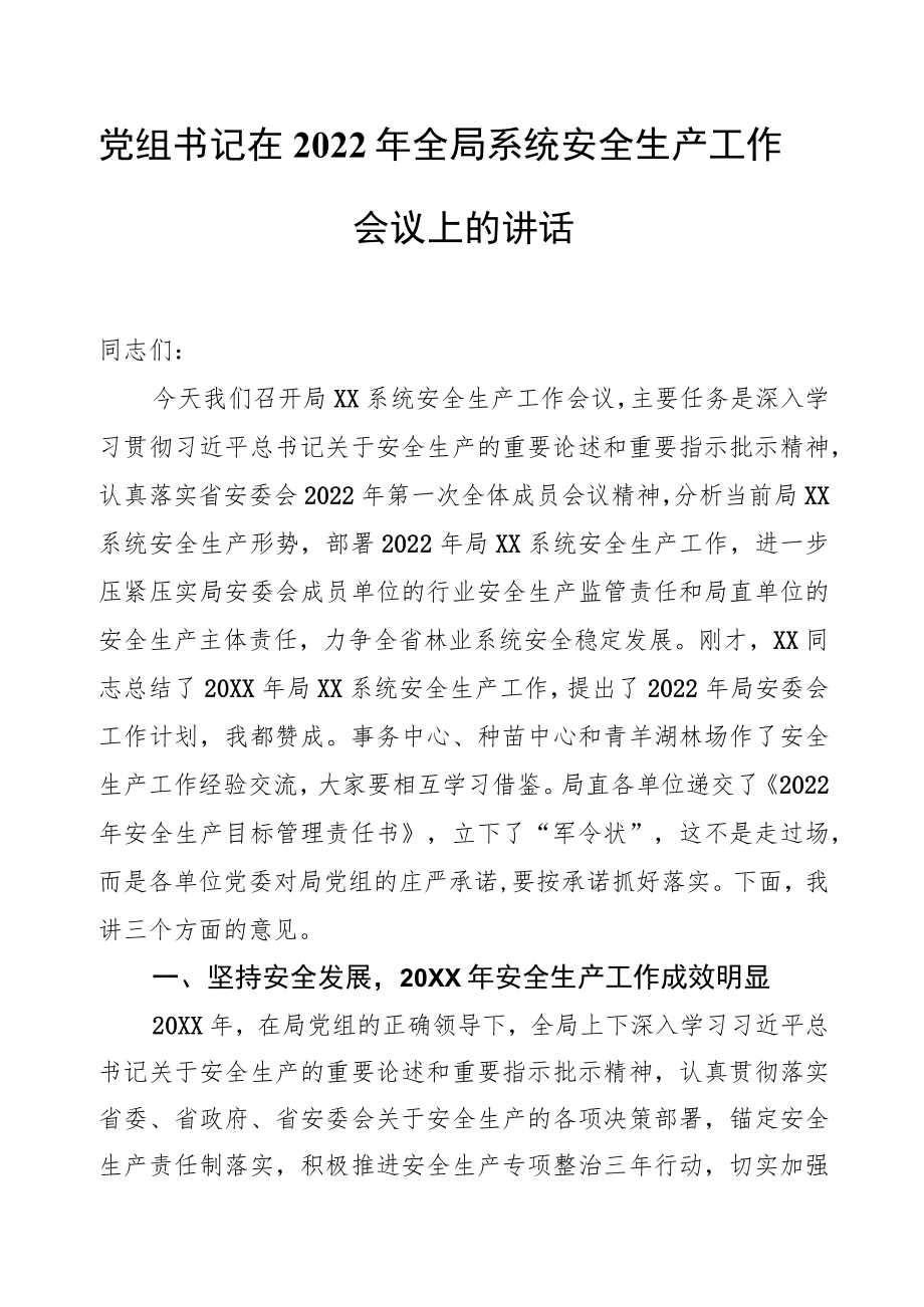 党组书记在2022全局系统安全生产工作会议上的讲话.docx_第1页