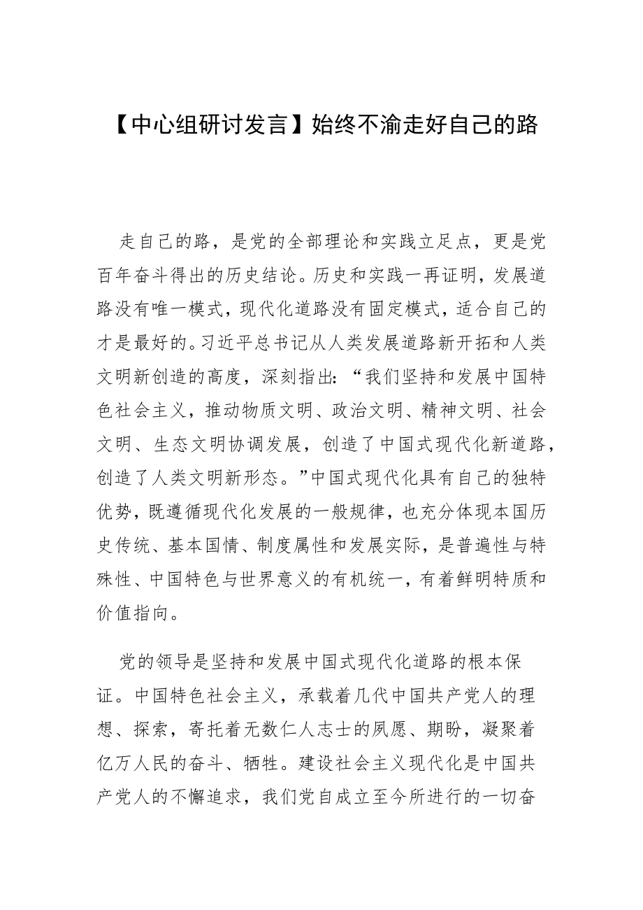 【中心组研讨发言】始终不渝走好自己的路.docx_第1页