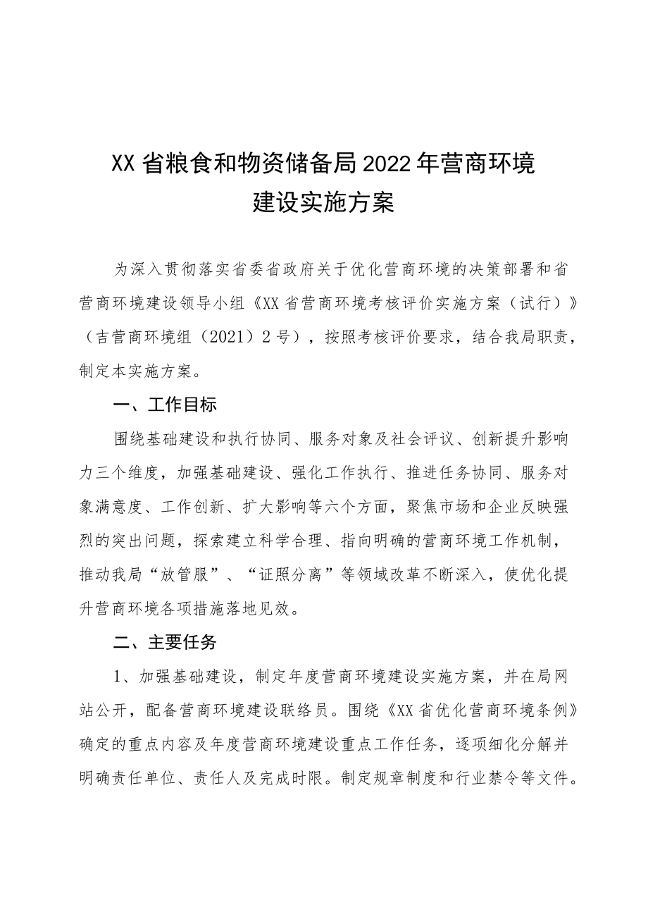 《XX省粮食和物资储备局2022营商环境建设实施方案》.docx_第1页