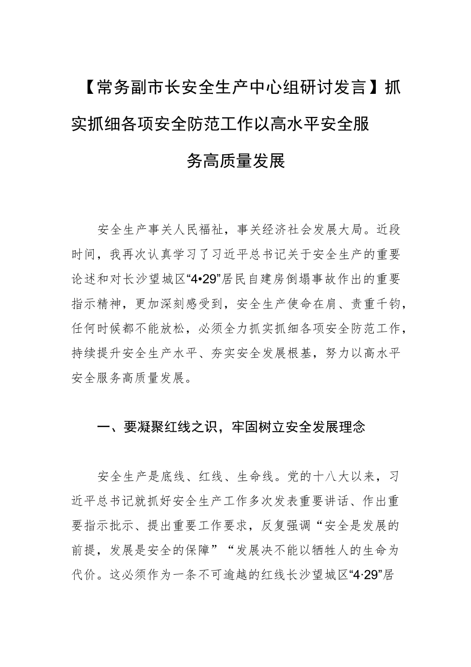 【常务副市长安全生产中心组研讨发言】抓实抓细各项安全防范工作 以高水平安全服务高质量发展.docx_第1页