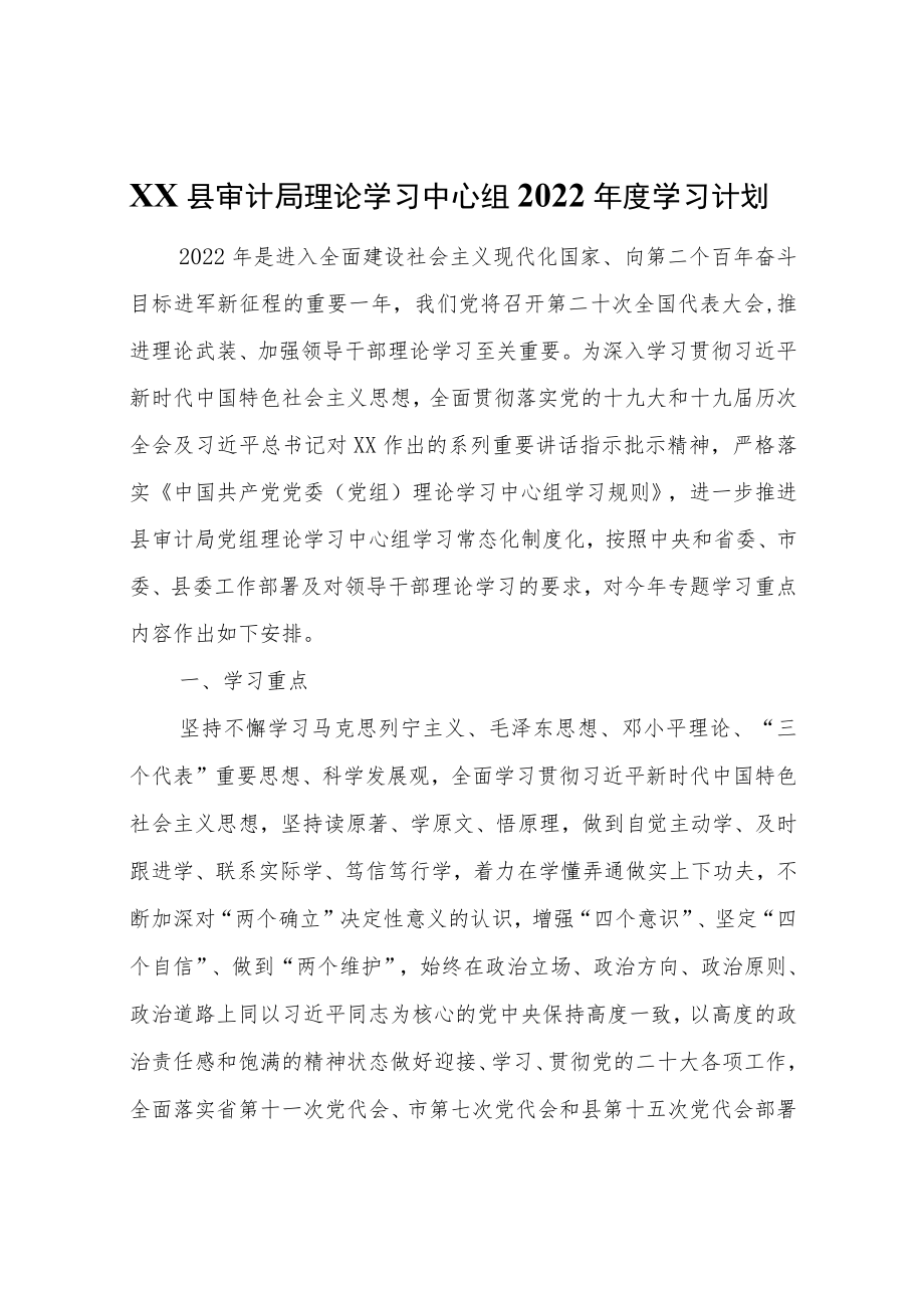 XX县审计局理论学习中心组2022学习计划.docx_第1页