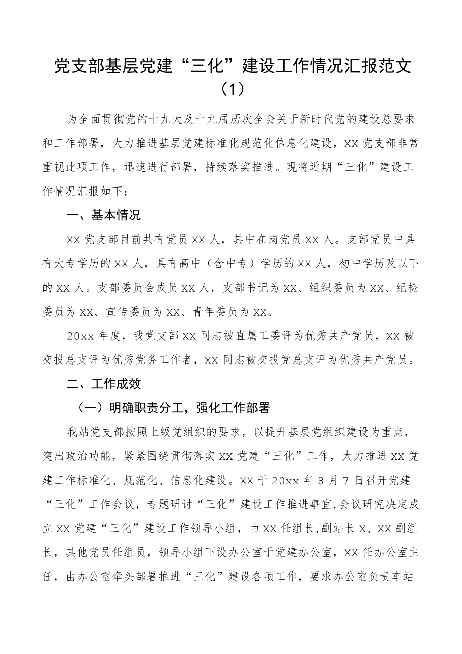 2篇基层党建三化建设工作汇报范文2篇党支部集团公司企业参考标准化规范化信息化工作总结报告参考.docx_第1页