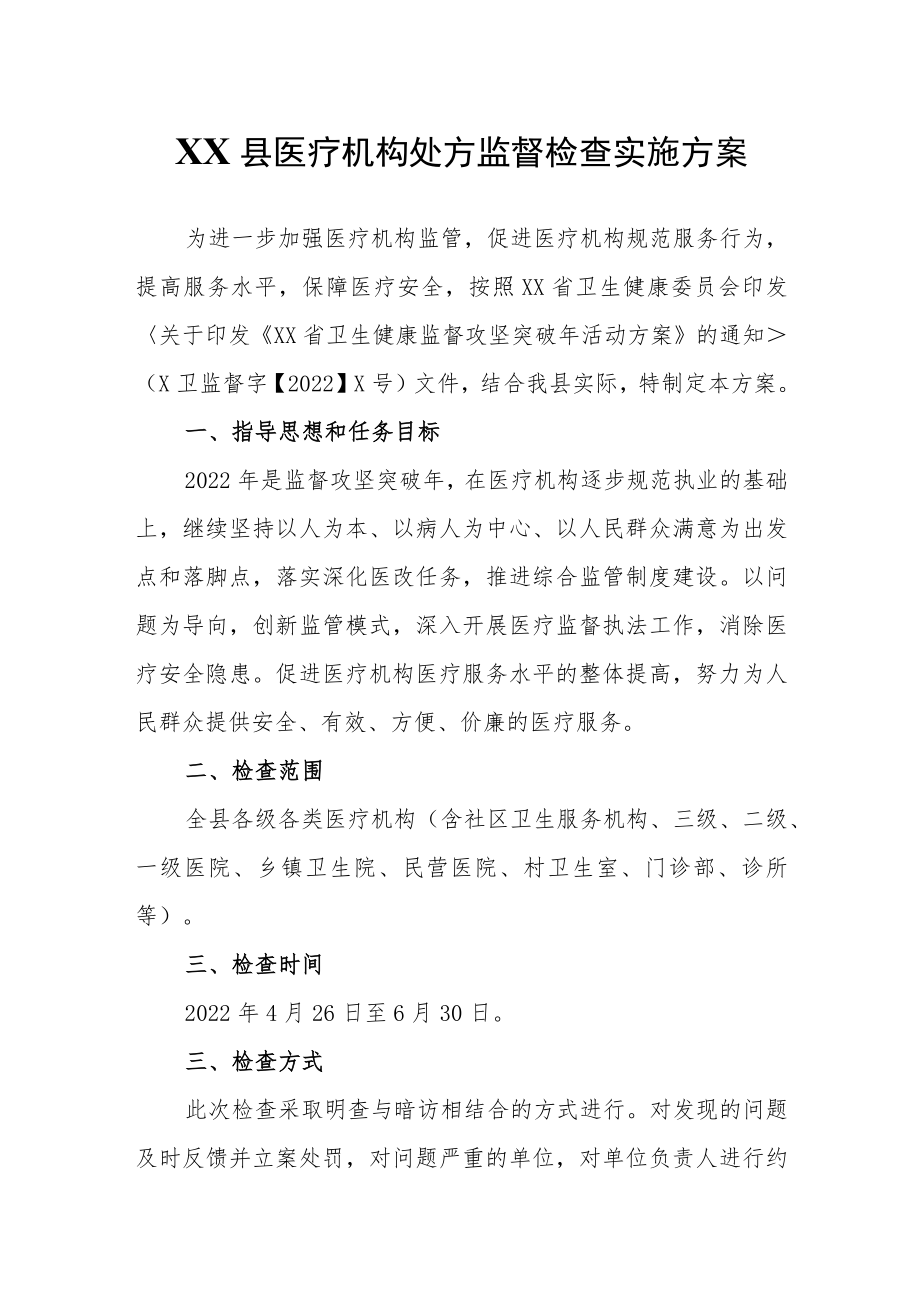 XX县医疗机构处方监督检查实施方案.docx_第1页