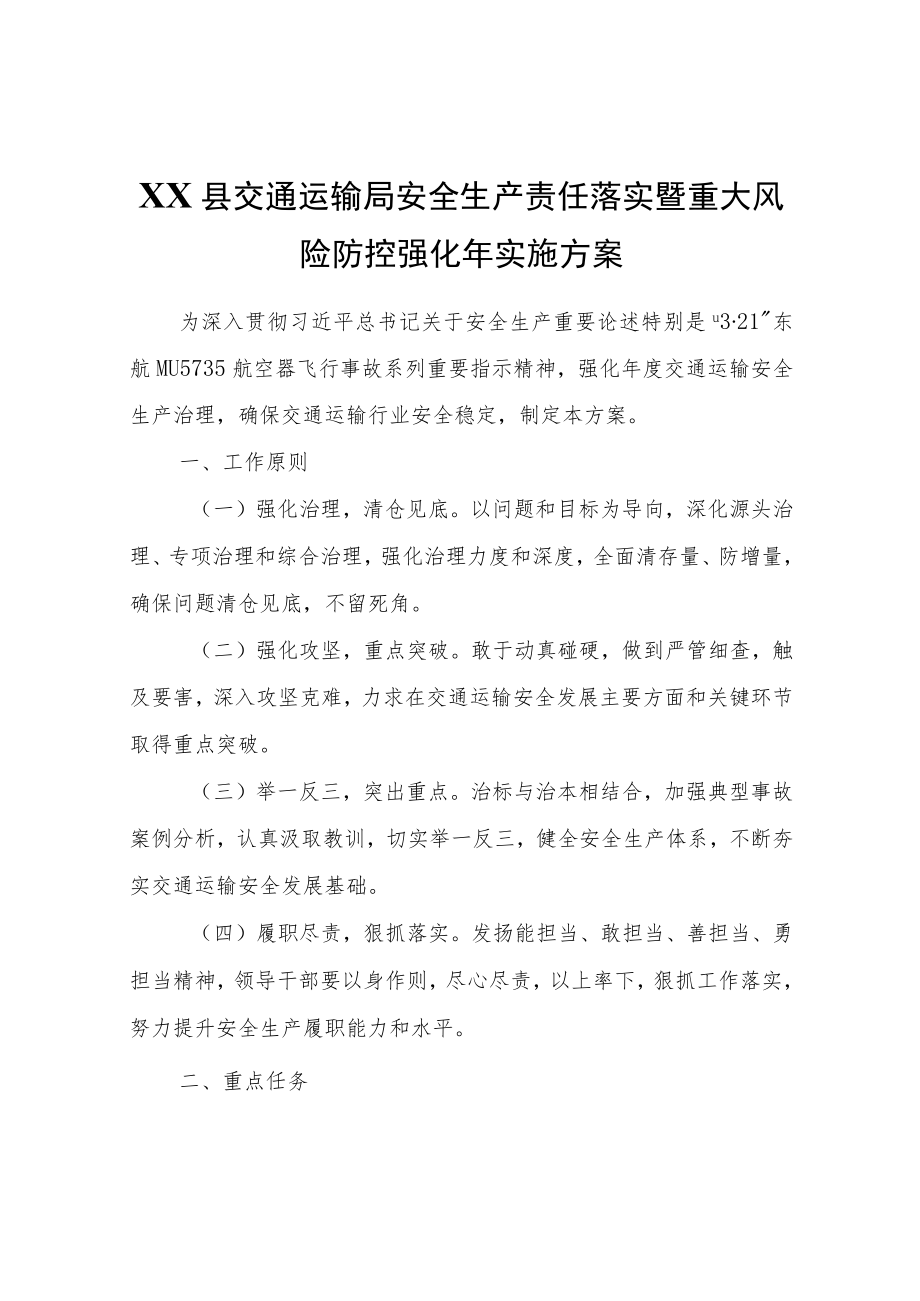 XX县交通运输局安全生产责任落实暨重大风险防控强化实施方案.docx_第1页