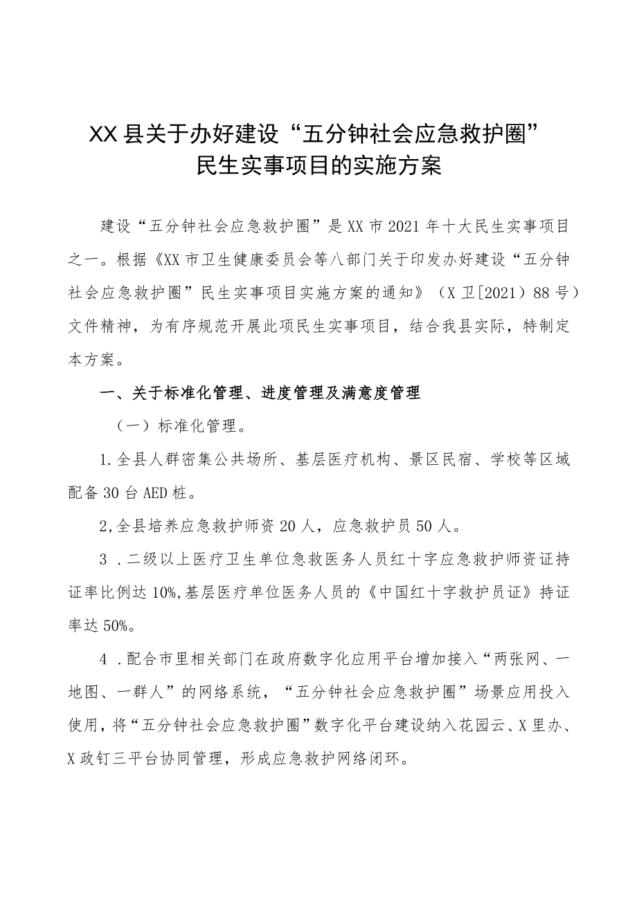 XX县关于办好建设“五分钟社会应急救护圈”民生实事项目的实施方案.docx_第1页