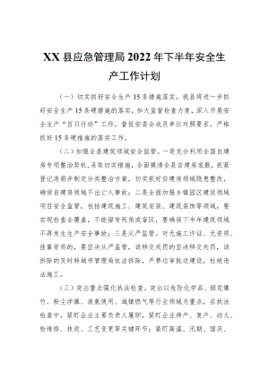 XX县应急管理局2022下半安全生产工作计划.docx