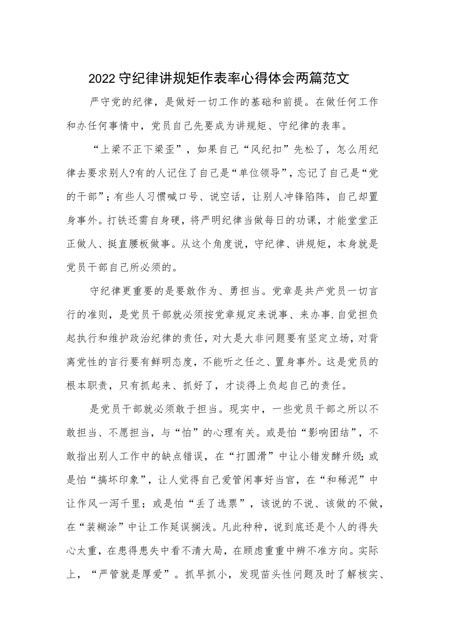 2022守纪律讲规矩作表率心得体会两篇范文.docx_第1页