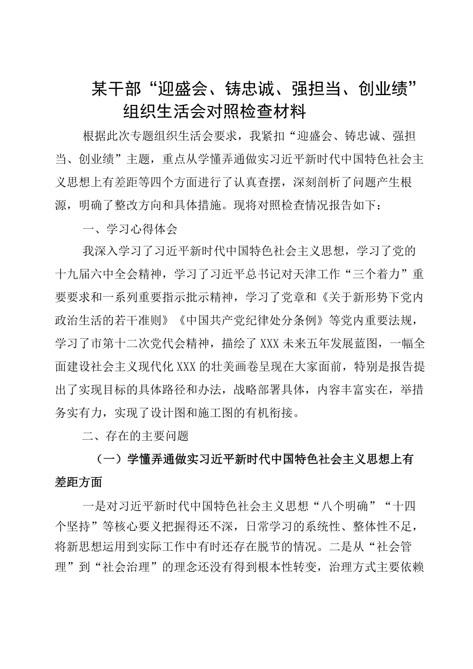 2022“迎盛会、铸忠诚、强担当、创业绩”组织生活会发言材料（试稿）.docx_第1页