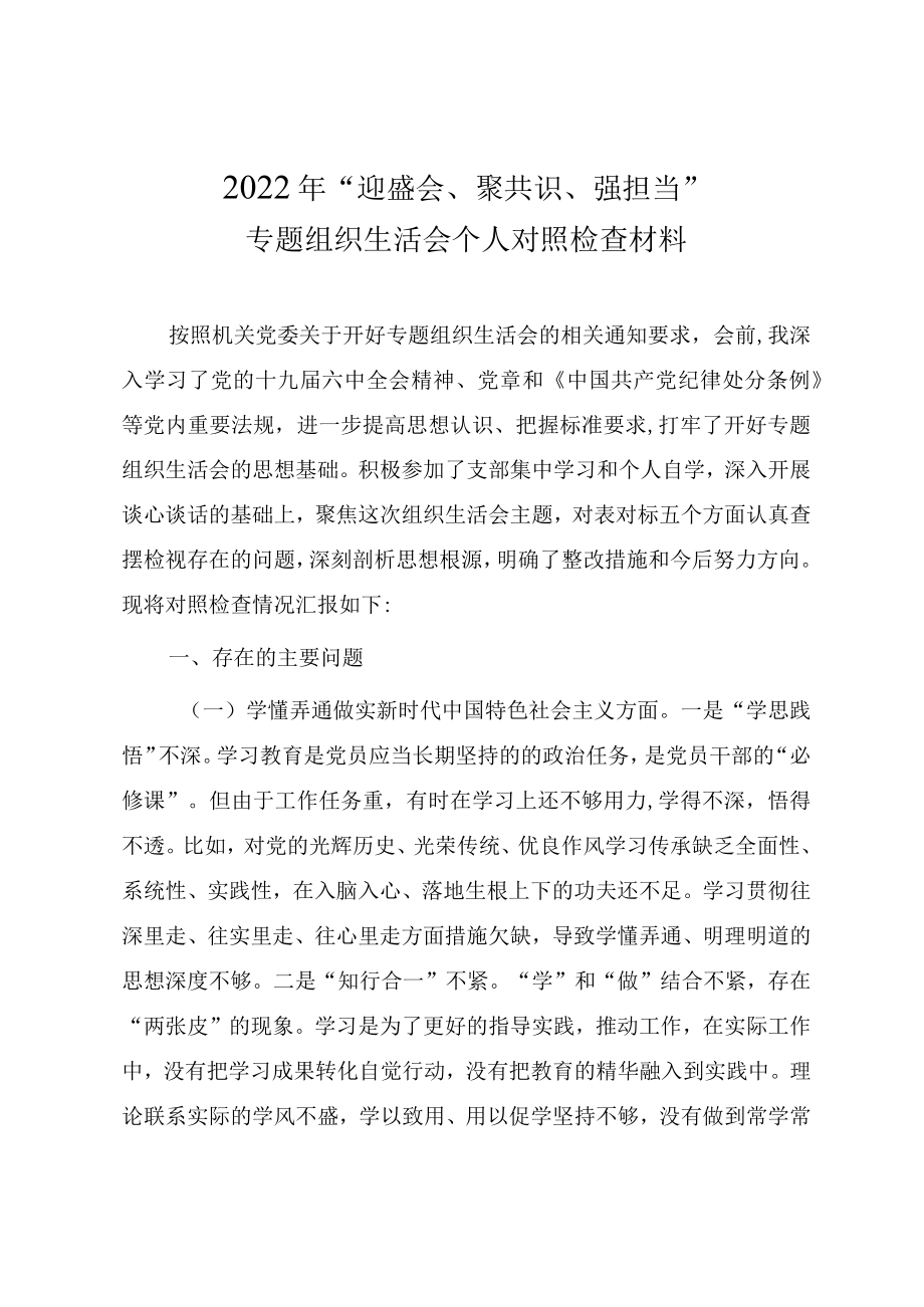 2022“迎盛会、聚共识、强担当”专题组织生活会个人对照检查材料.docx_第1页