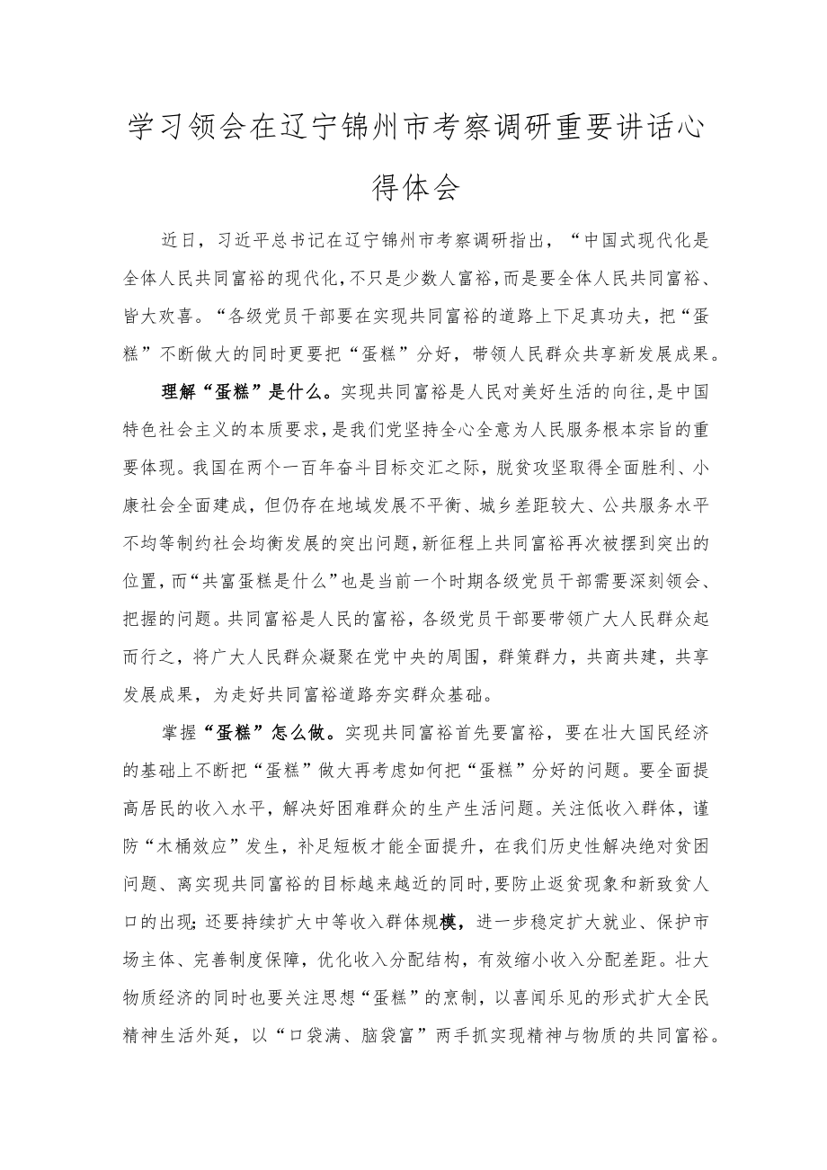 2022学习领会在辽宁锦州市考察调研重要讲话心得体会（范文 ）.docx_第1页