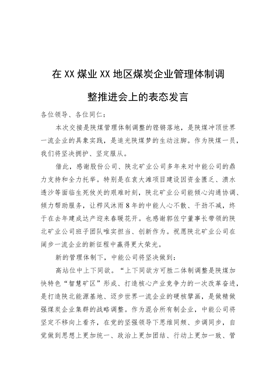 在XX煤业XX地区煤炭企业管理体制调整推进会上的表态发言.docx_第1页