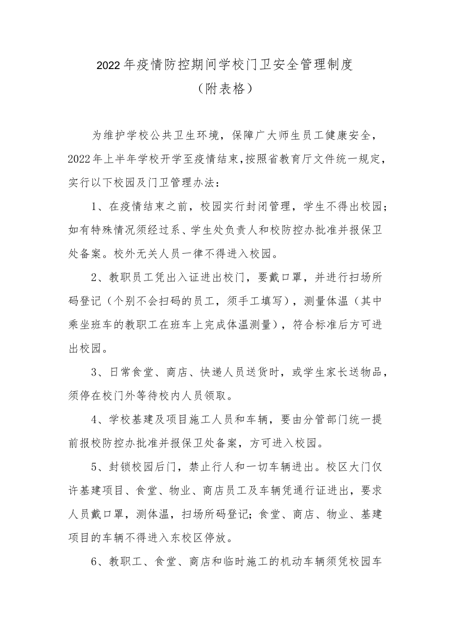 2022疫情防控期间学校门卫安全管理制度（附表格）.docx_第1页