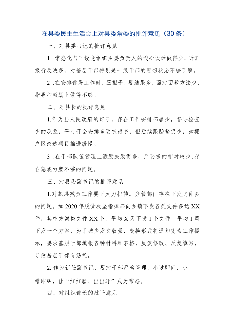 在县委民主生活会上对县委常委的批评意见（30条）.docx_第1页