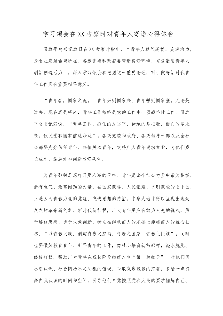 学习领会在XX考察时对青人寄语心得体会.docx_第1页