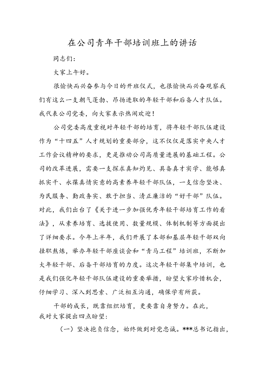 在公司青干部培训班上的讲话.docx_第1页