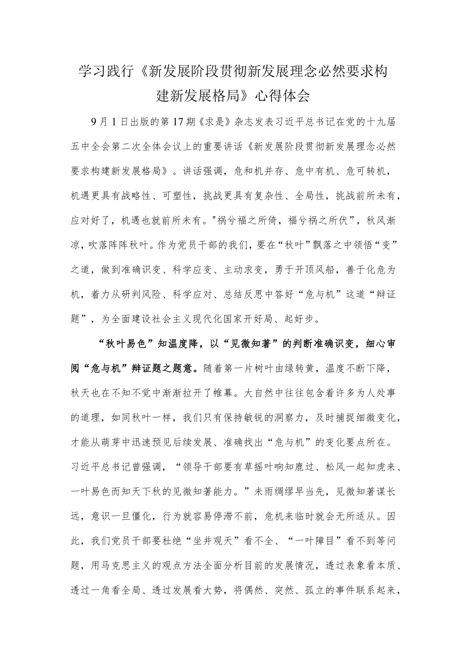 学习践行《新发展阶段贯彻新发展理念必然要求构建新发展格局》心得体会.docx_第1页