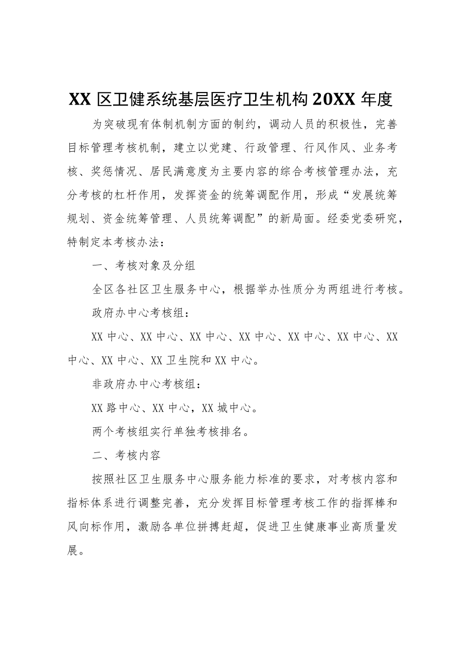 XX区卫健系统基层医疗卫生机构2021年度综合目标绩效管理考核办法.docx_第1页