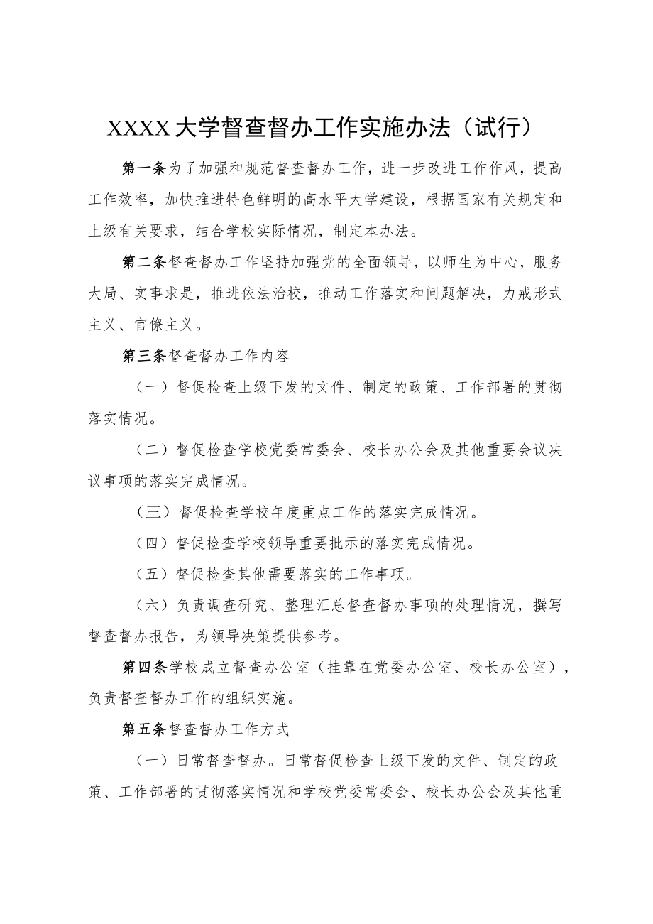 XXXX大学督查督办工作实施办法试行.docx_第1页