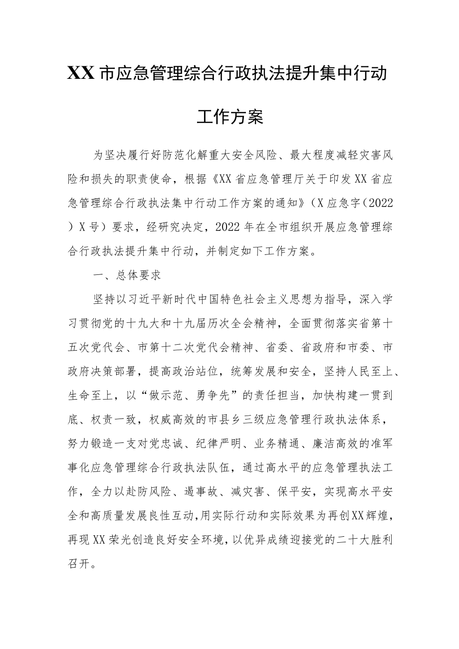 XX市应急管理综合行政执法提升集中行动工作方案.docx_第1页