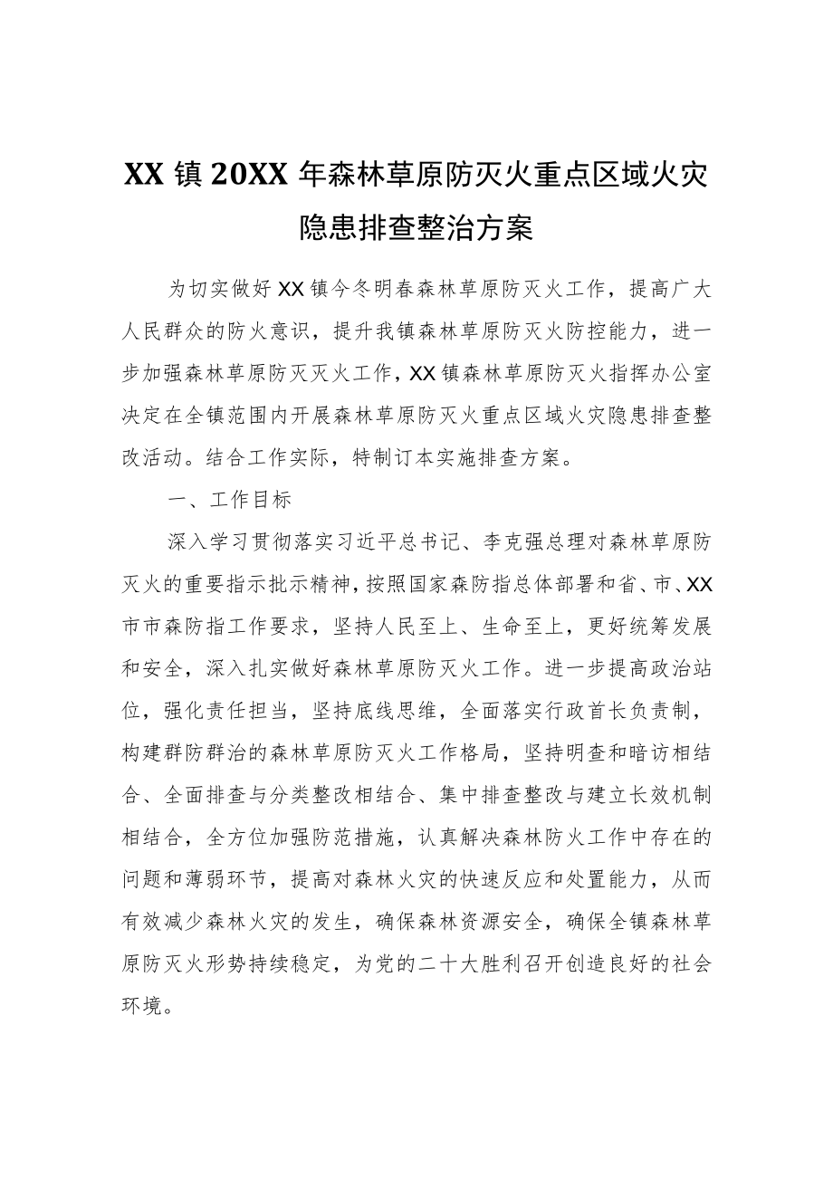 XX镇2022年森林草原防灭火重点区域火灾隐患排查整治方案.docx_第1页