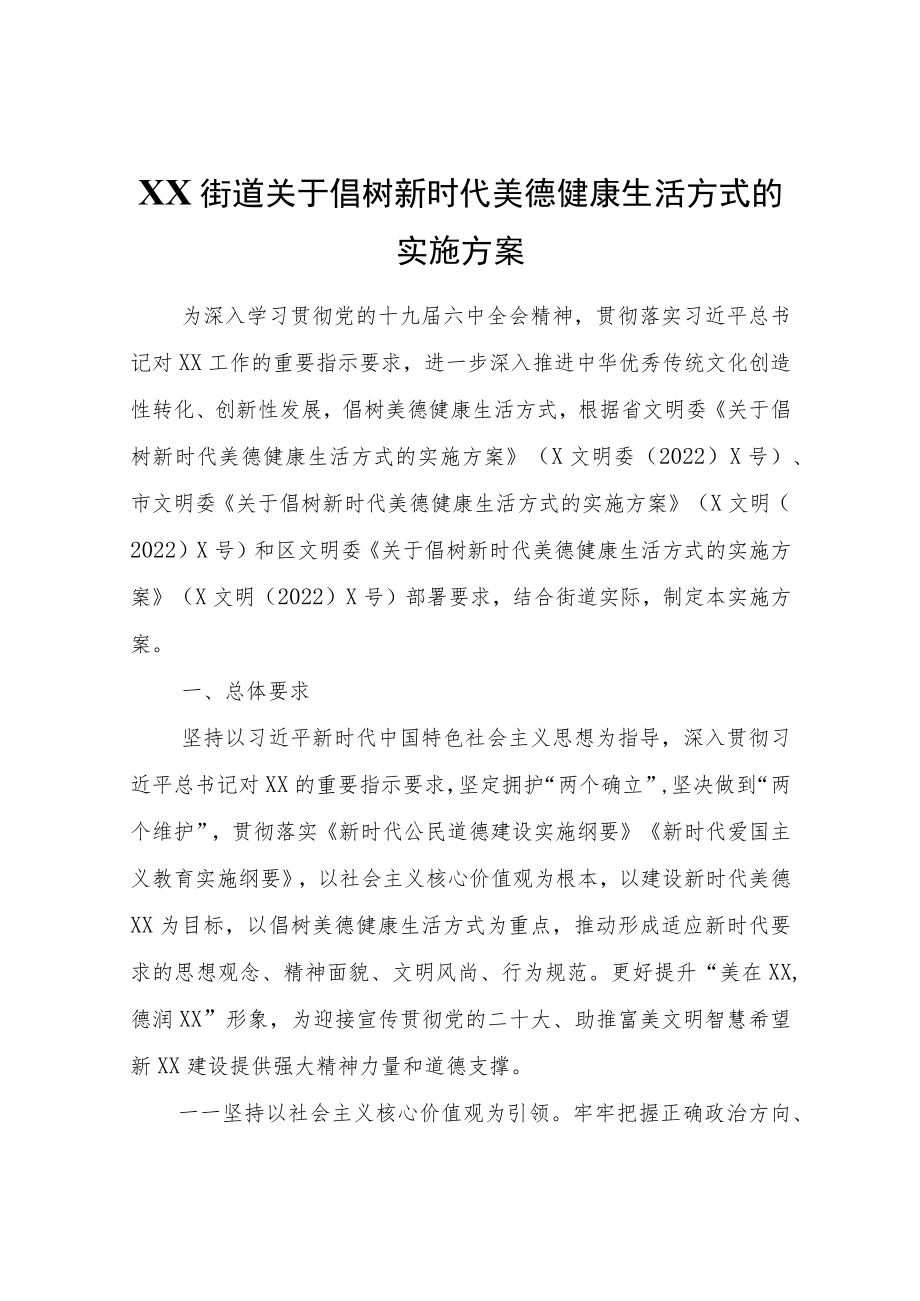 XX街道关于倡树新时代美德健康生活方式的实施方案.docx_第1页