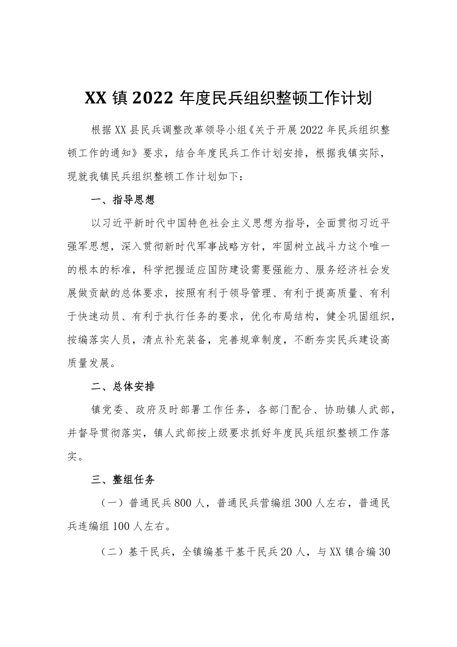 XX镇2022年度民兵组织整顿工作计划.docx_第1页