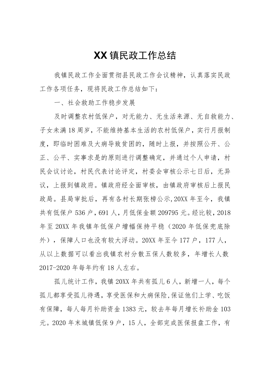 XX镇2021年民政工作总结.docx_第1页