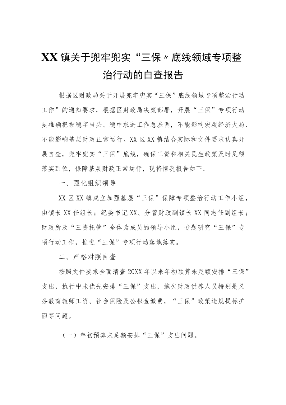 XX镇关于兜牢兜实“三保”底线领域专项整治行动的自查报告.docx_第1页