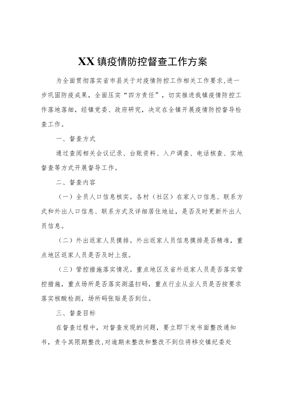 XX镇疫情防控督查工作方案.docx_第1页