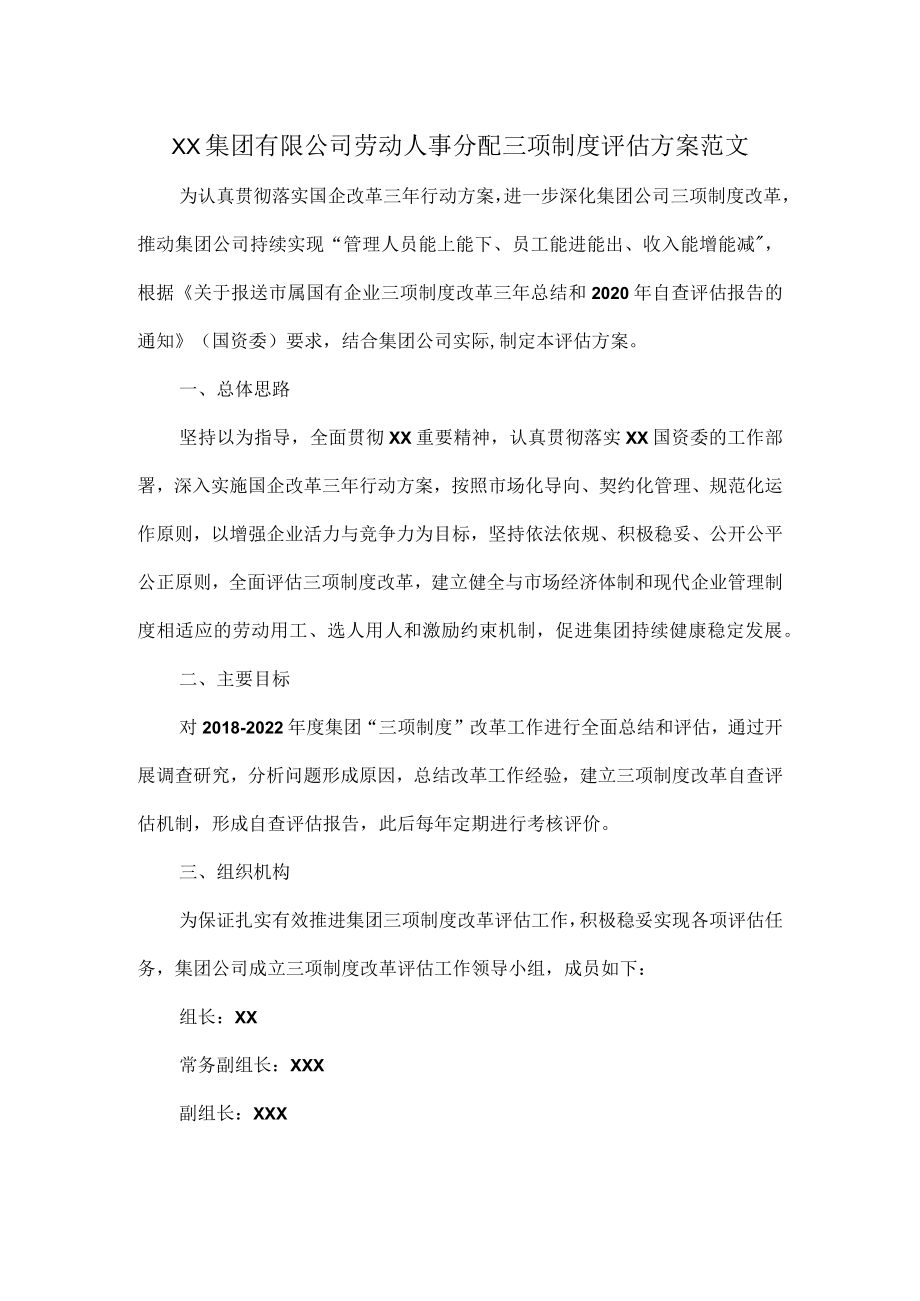 XX集团有限公司劳动人事分配三项制度评估方案范文.docx_第1页